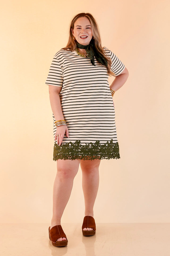 Beyond the Basics Striped Floral Lace Hem T-Shirt Dress in Ivory and Olive Green