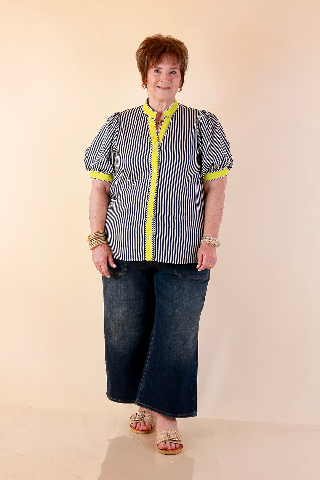 Pop of Polish Short Puff Sleeve Button Front Top with Contrast Trim in Navy Blue, White and Lime