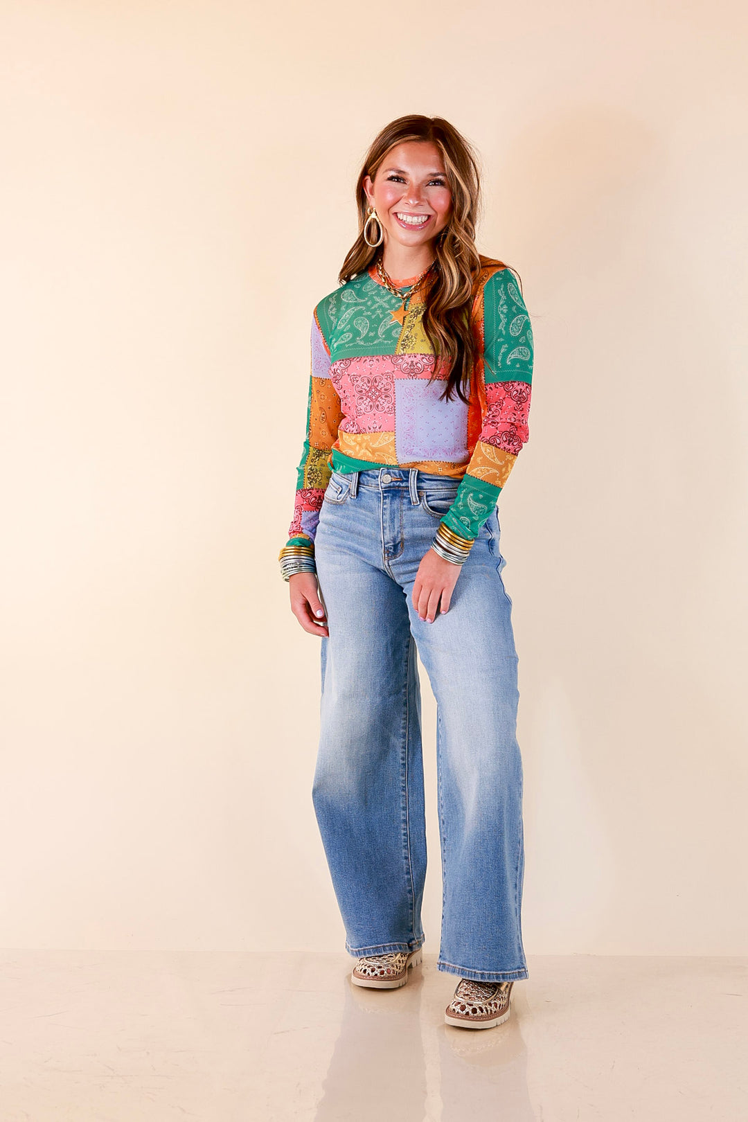 Western Dream Patchwork Paisley Bandana Print Sheer Mesh Long Sleeve Top in Multicolor