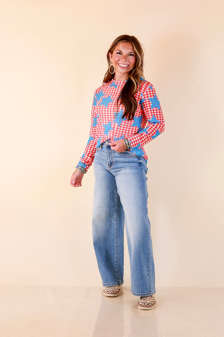 The Essential Layer Gingham and Star Print Sheer Mesh Long Sleeve Top in Red, White and Blue