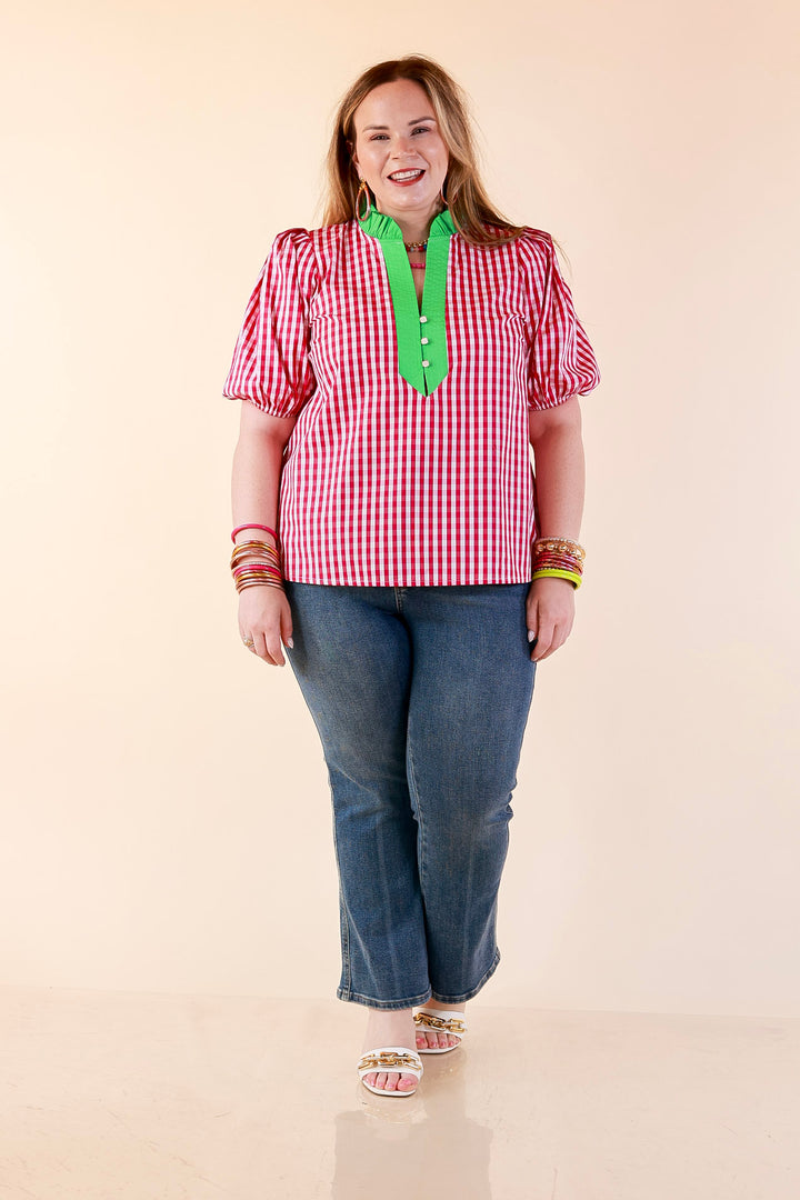 Polished &amp; Playful Short Puff Sleeve Gingham Top with Contrast Green Trim in Hot Pink and White