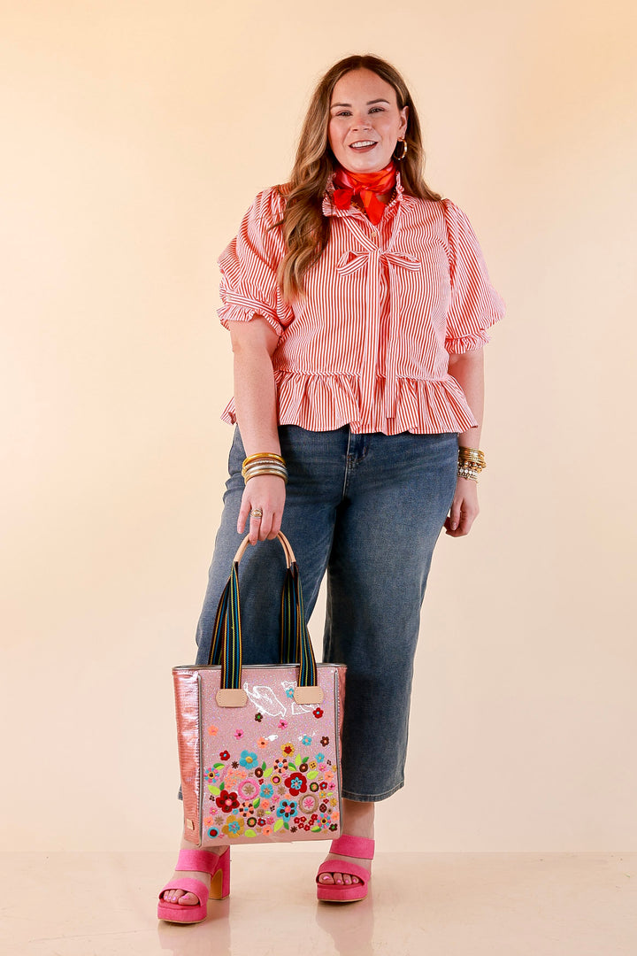 Tea Time Charm Tie Neck Puff Sleeve Peplum Button Front Stripe Blouse in Orange