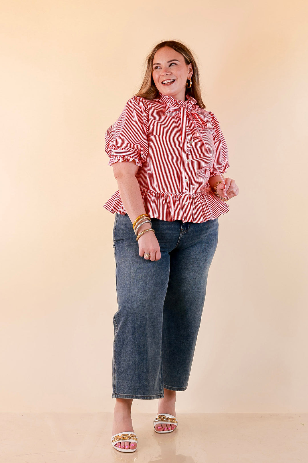 Tea Time Charm Tie Neck Puff Sleeve Peplum Button Front Stripe Blouse in Red