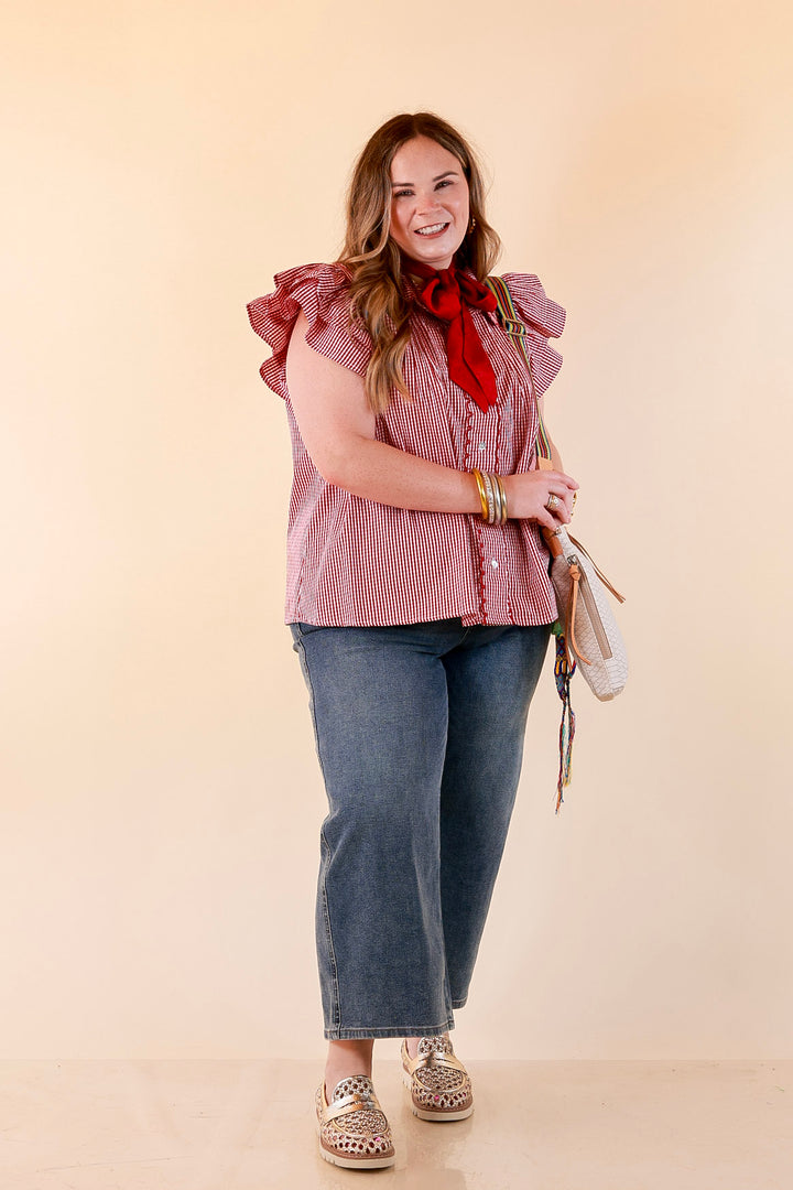 Front Porch Favorite Ruffle Sleeve Button Front Gingham Blouse with Scallop Trim in Dark Crimson Red