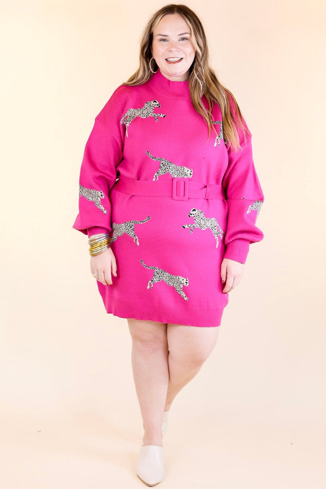 Luxurious Life Animal Print Sweater Dress with Belt in Hot Pink