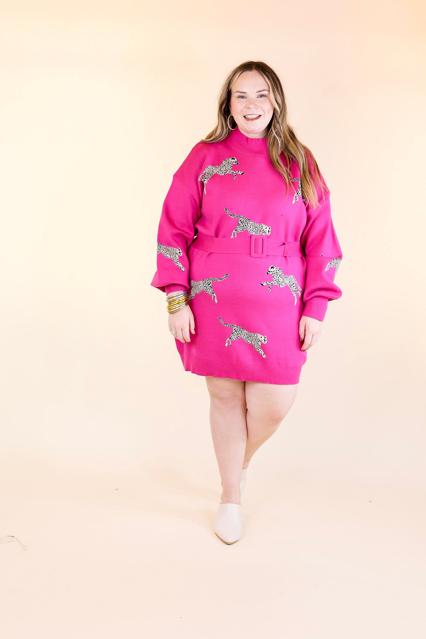 Luxurious Life Animal Print Sweater Dress with Belt in Hot Pink