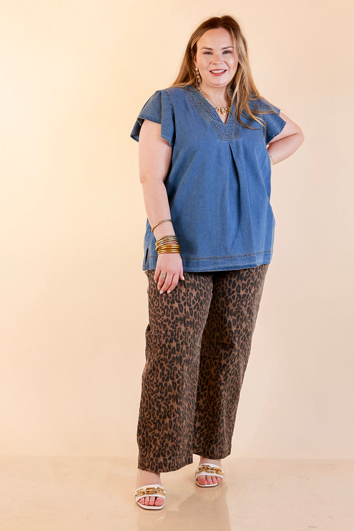 Clean and Collected V Neck Denim Top with Stitch Detail and Drop Shoulder Cap Sleeve in Medium Wash