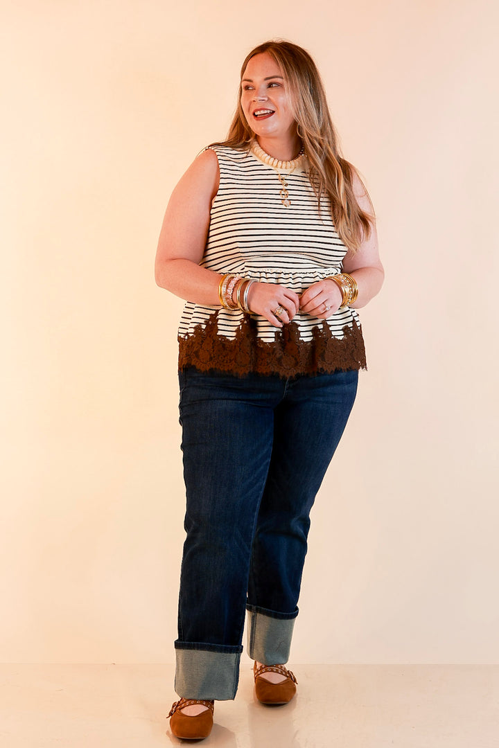 Sweet on Style Striped Peplum Sleeveless Tank Top with Lace Trim Detailing in Ivory and Chocolate Brown