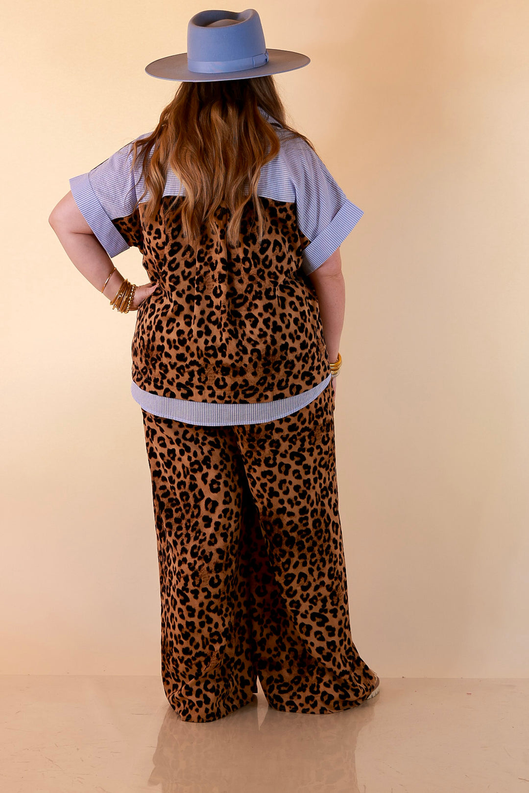 Relaxed Refinement Blue Stripe Detail Button Front Collared Top with Matching Wide Leg Pants Set in Leopard Print