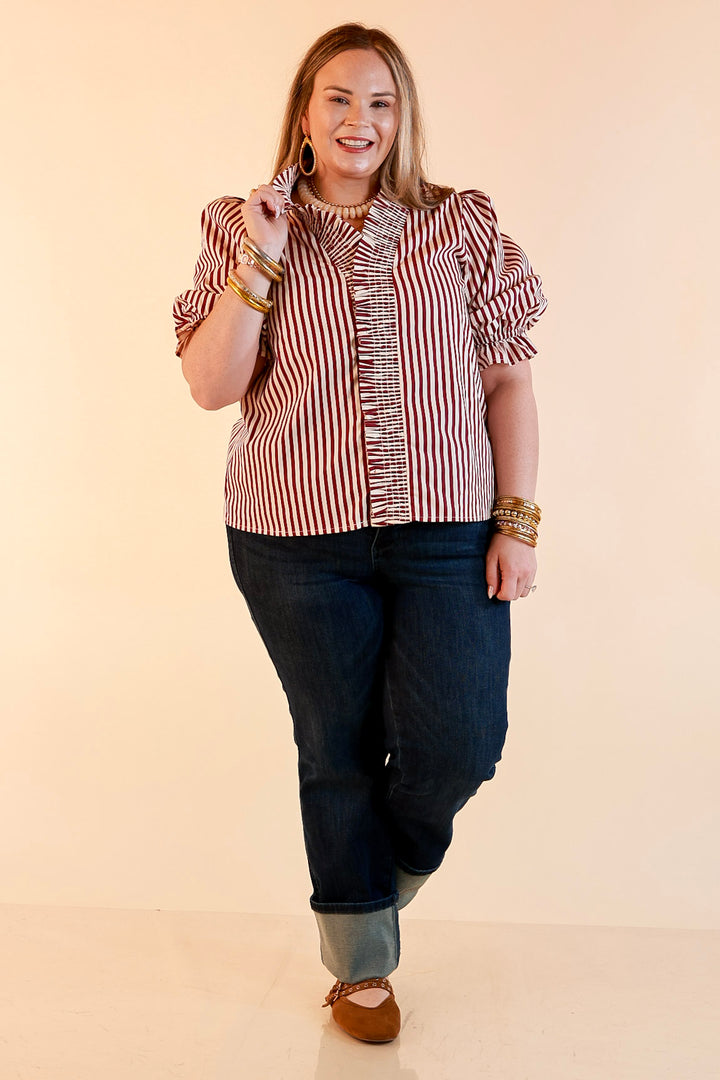 Made You Look Striped Ruffle Front and Sleeve Detailing with Puff Sleeves Blouse in Maroon and Ivory