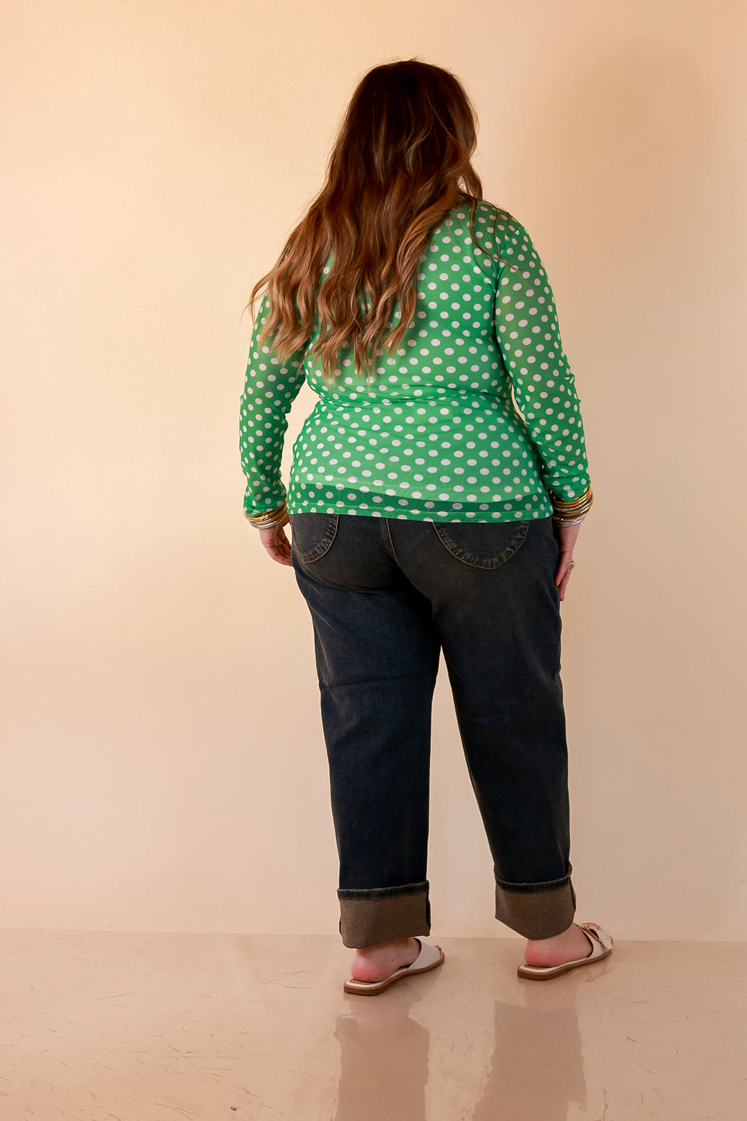 The Essential Layer Polka Dot Print Sheer Mesh Long Sleeve Top in Kelly Green