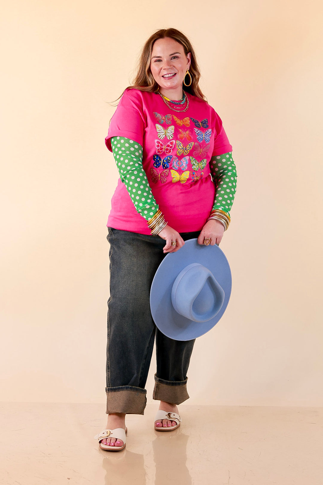 Butterfly Season Multi Print Butterflies Short Sleeve Graphic Tee in Hot Pink