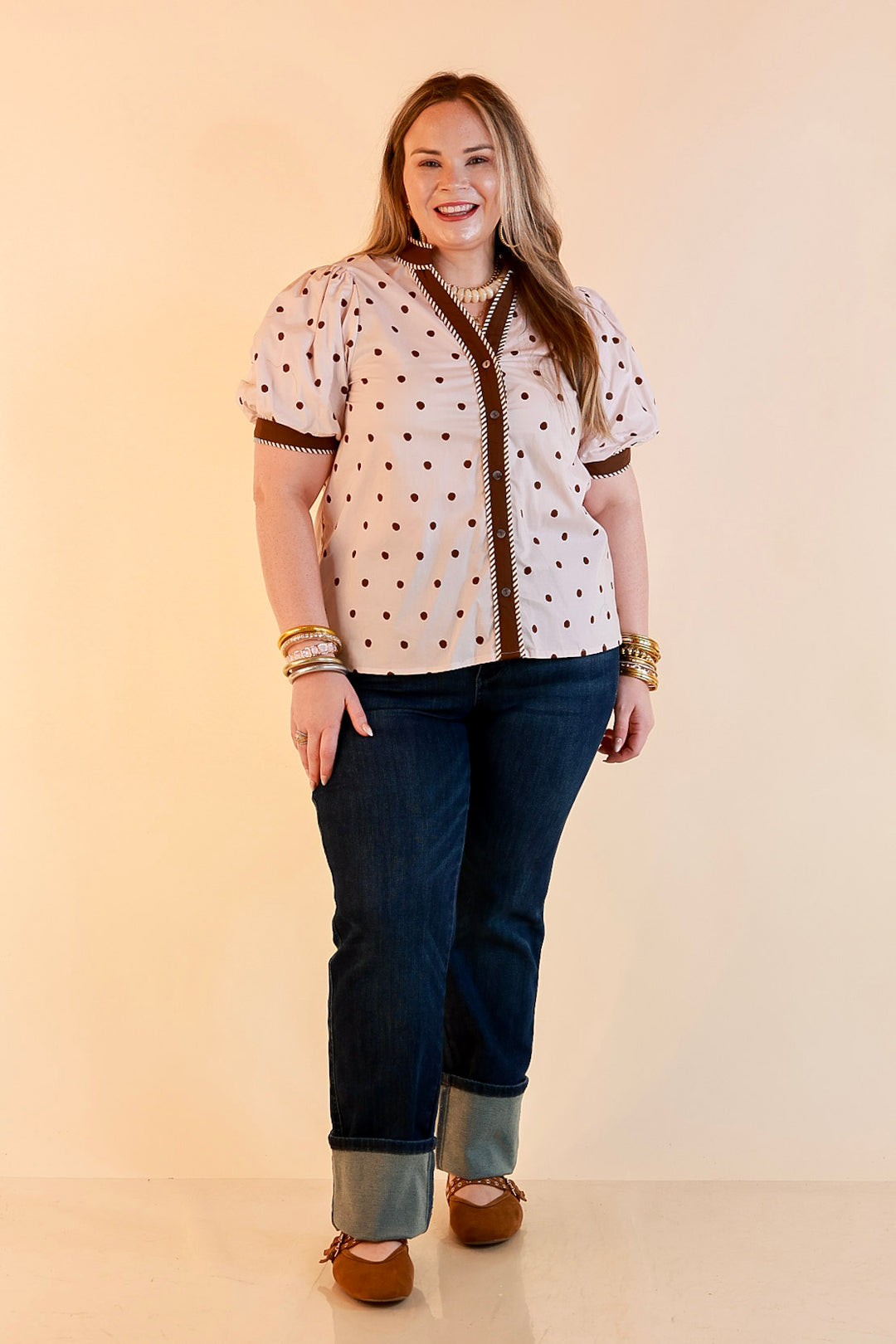 Pop of Polish Short Puff Sleeve Button Front Polka Dot Print Top with Contrast Trim in Ivory and Chocolate Brown