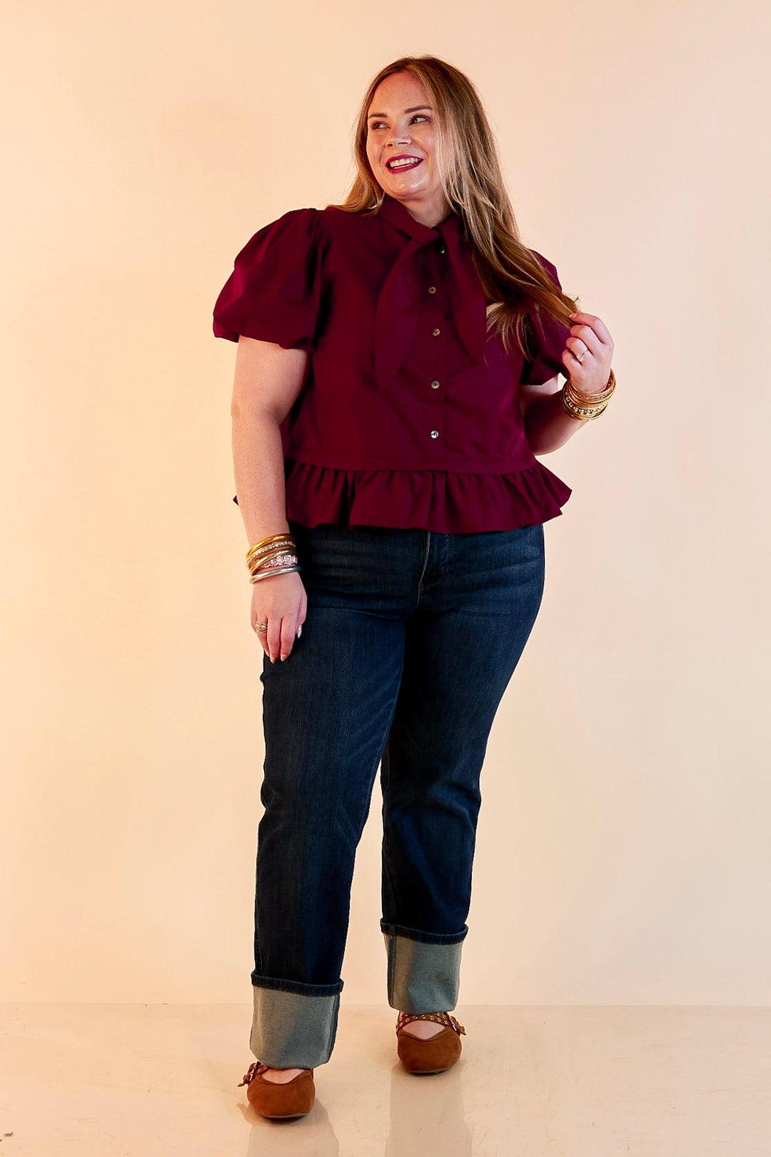 Present Company Solid Button Down Peplum Bubble Sleeve Tie Collar Top in Maroon