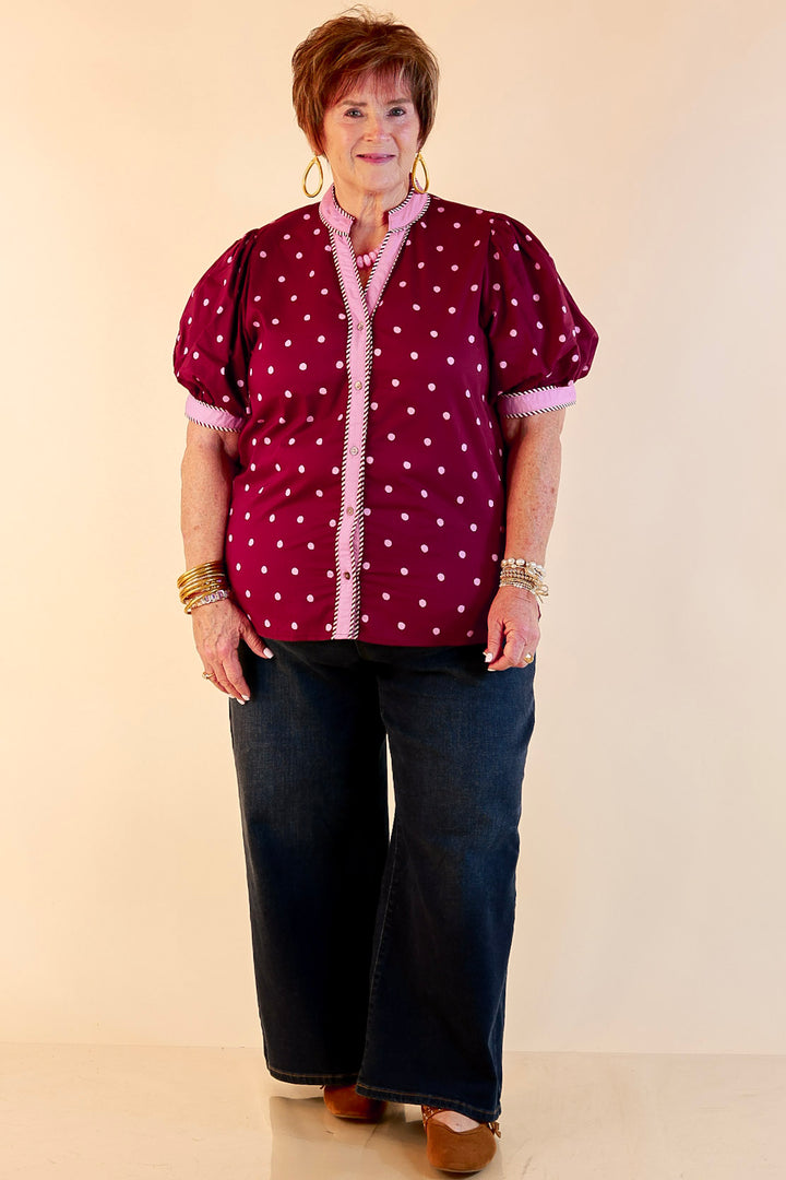Pop of Polish Short Puff Sleeve Button Front Polka Dot Print Top with Contrast Trim in Maroon and Pink