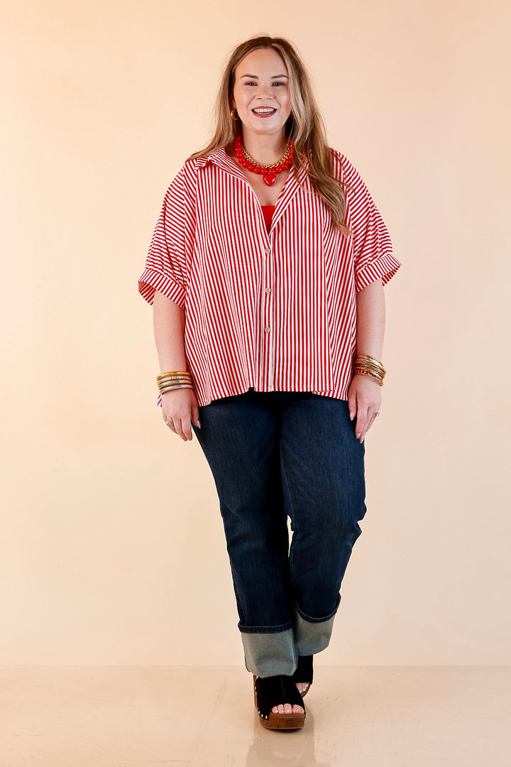Perfectly Aligned Button Down Collared Top with Vertical Ivory Stripe Detail in Red