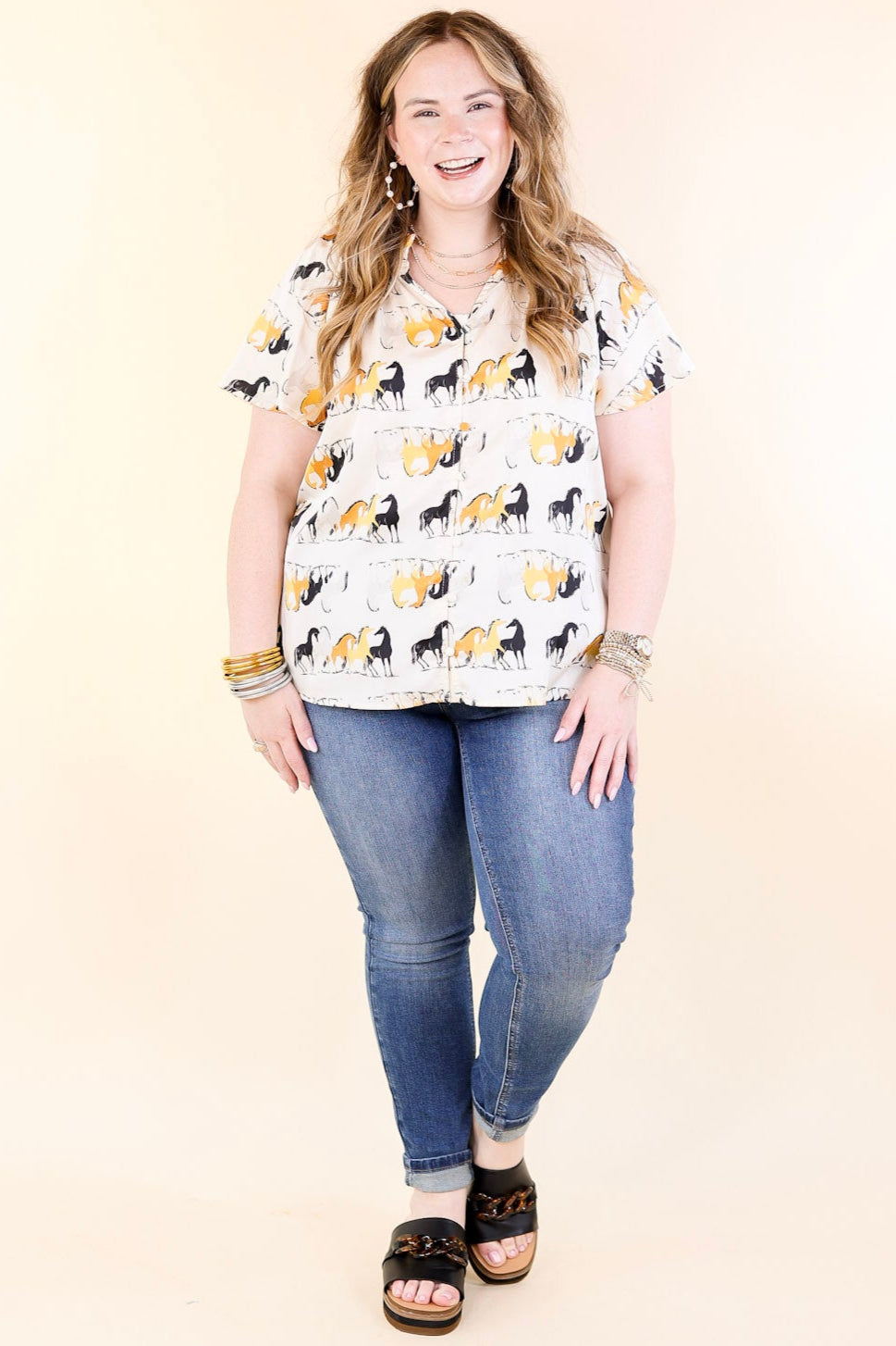 Away We Go Button Up Horse Print Shirt in Ivory