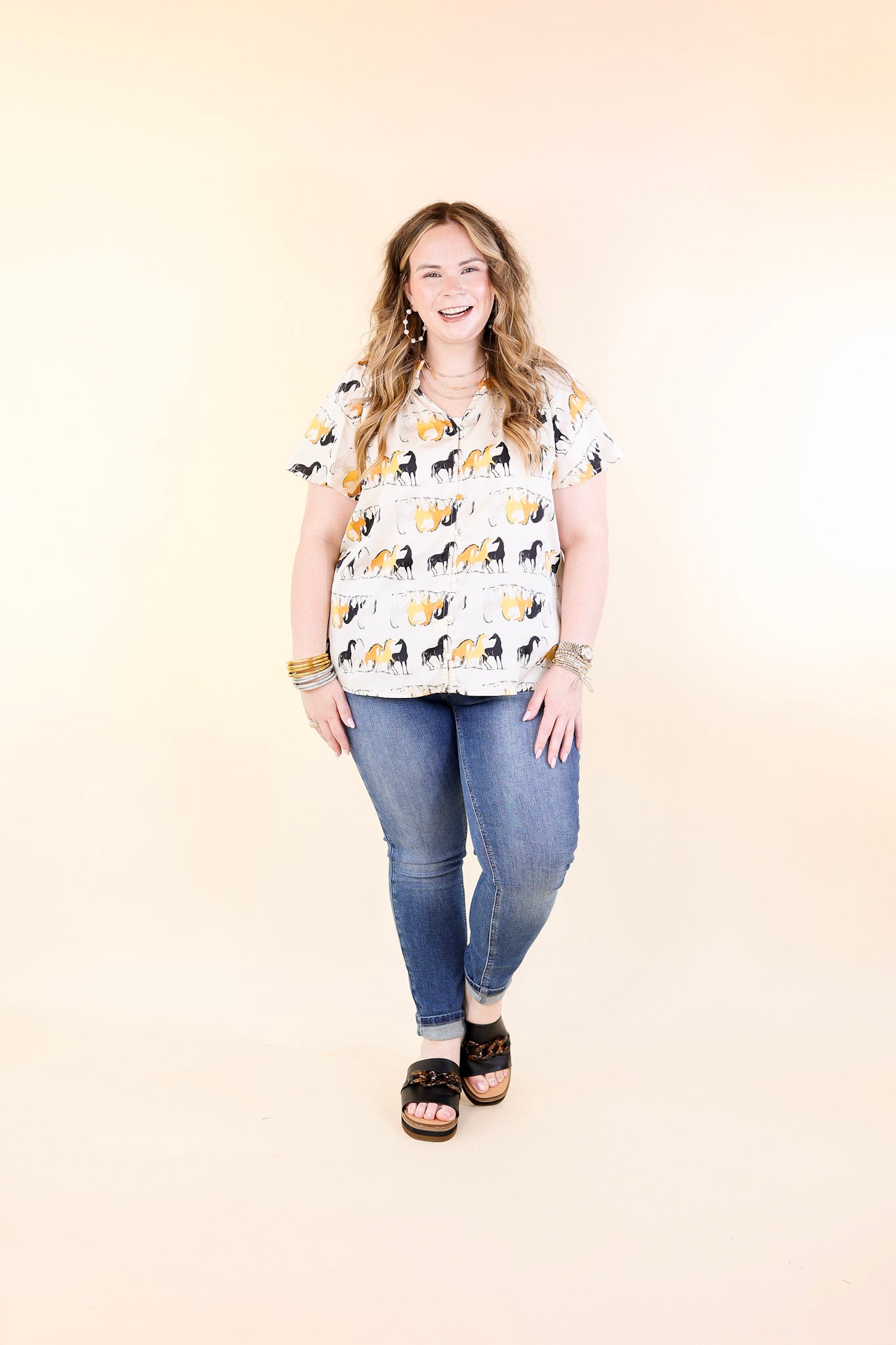 Away We Go Button Up Horse Print Shirt in Ivory