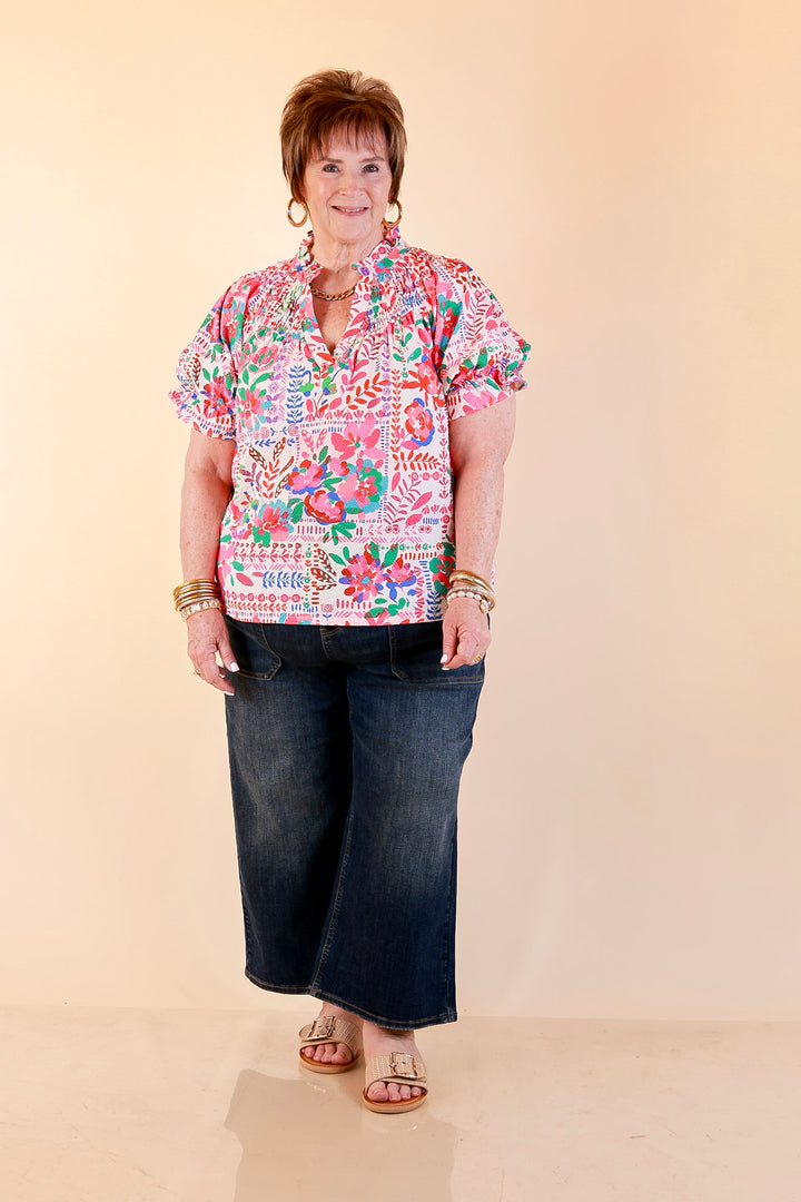 Blooming Grace Floral Print Top with Split Neckline and Puff Sleeves in Blush Mix