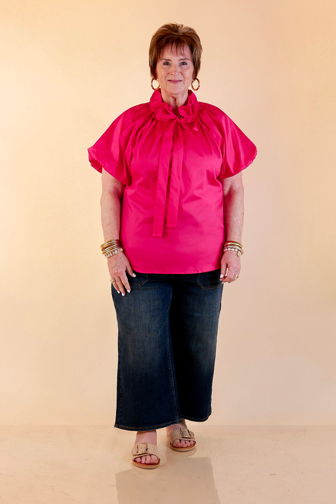Make It Memorable Short Puff Sleeve Tie Neck Blouse with Gathered Neckline in Fuchsia Pink