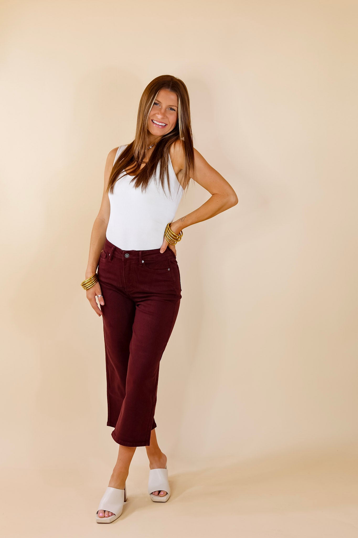 Judy Blue | Remarkable Style Tummy Control Garment Dyed Cropped Jeans in Maroon - Giddy Up Glamour Boutique
