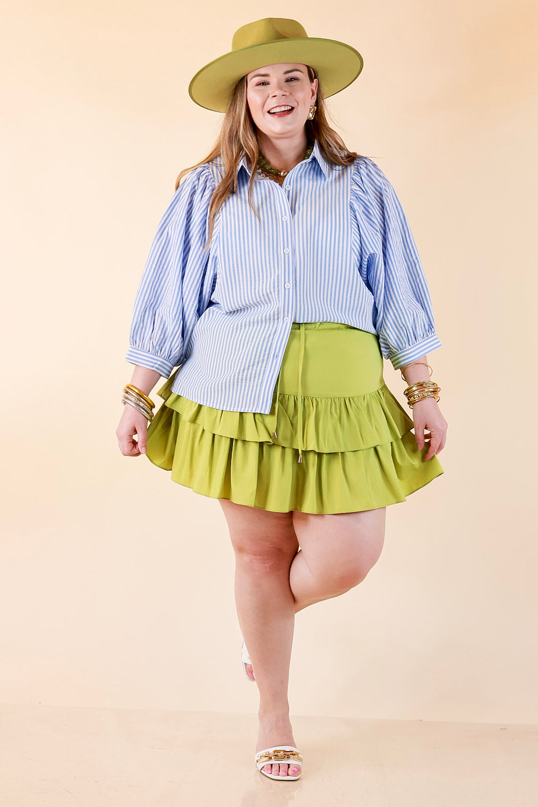Crisp and Collected Stripe Button Front Collared Top with Puff Short Sleeves in Blue and White