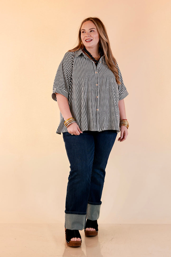 Perfectly Aligned Button Down Collared Top with Vertical Ivory Stripe Detail in Black