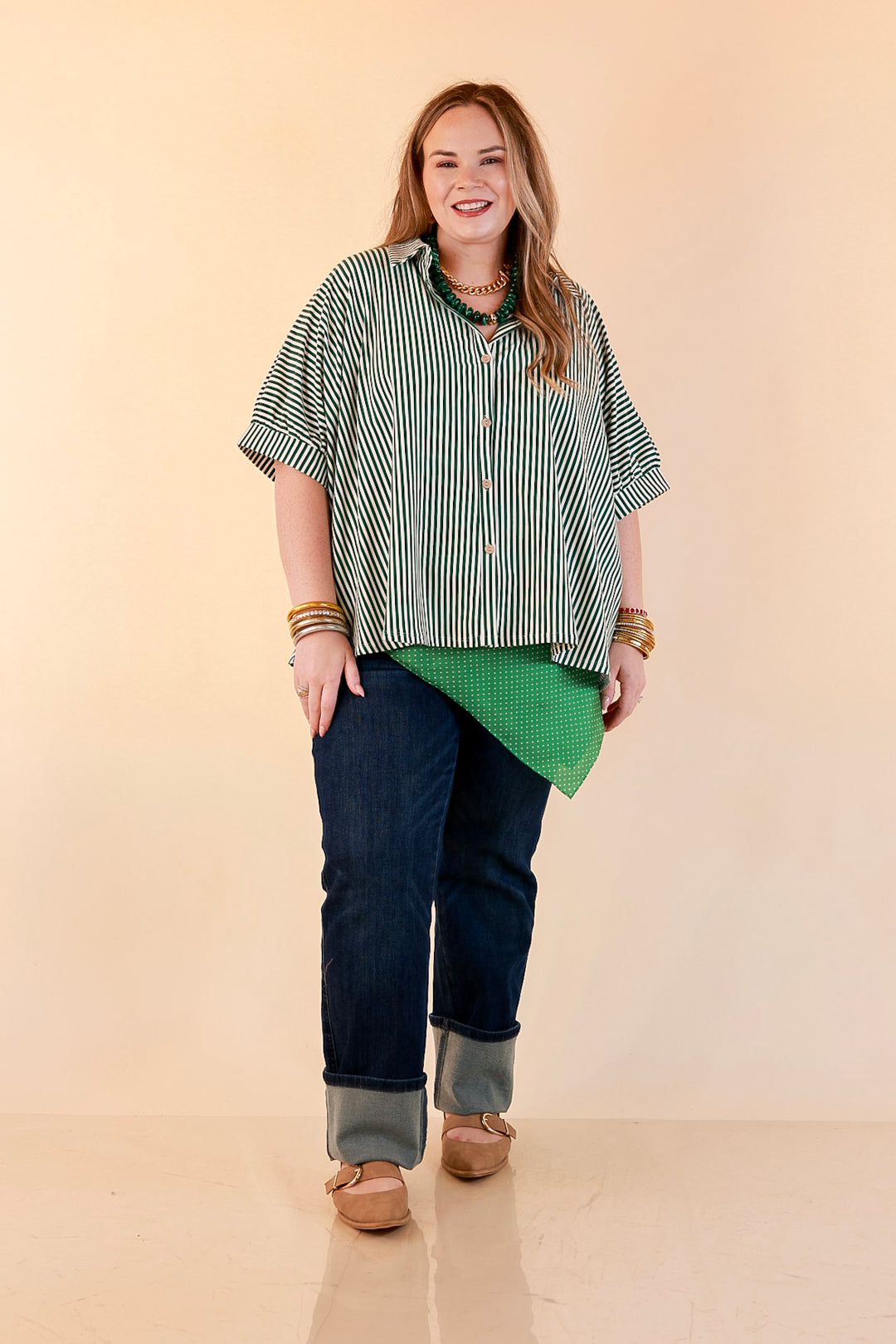 Perfectly Aligned Button Down Collared Top with Vertical Ivory Stripe Detail in Forest Green