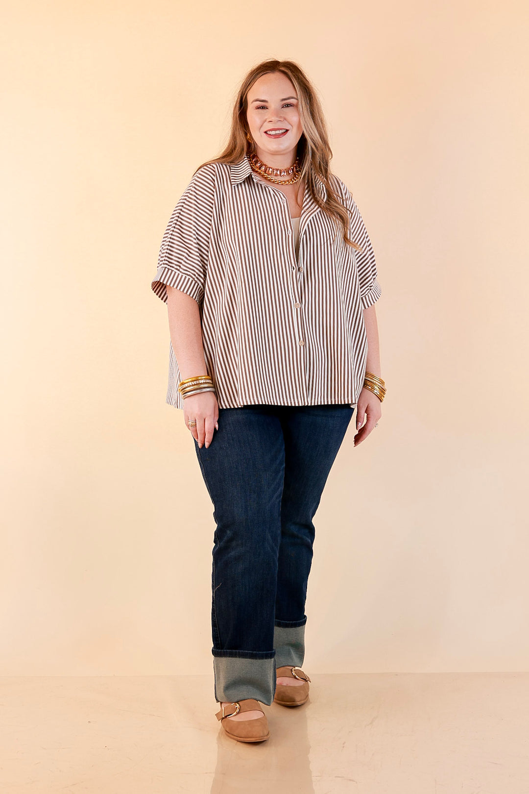 Perfectly Aligned Button Down Collared Top with Vertical Ivory Stripe Detail in Taupe Brown