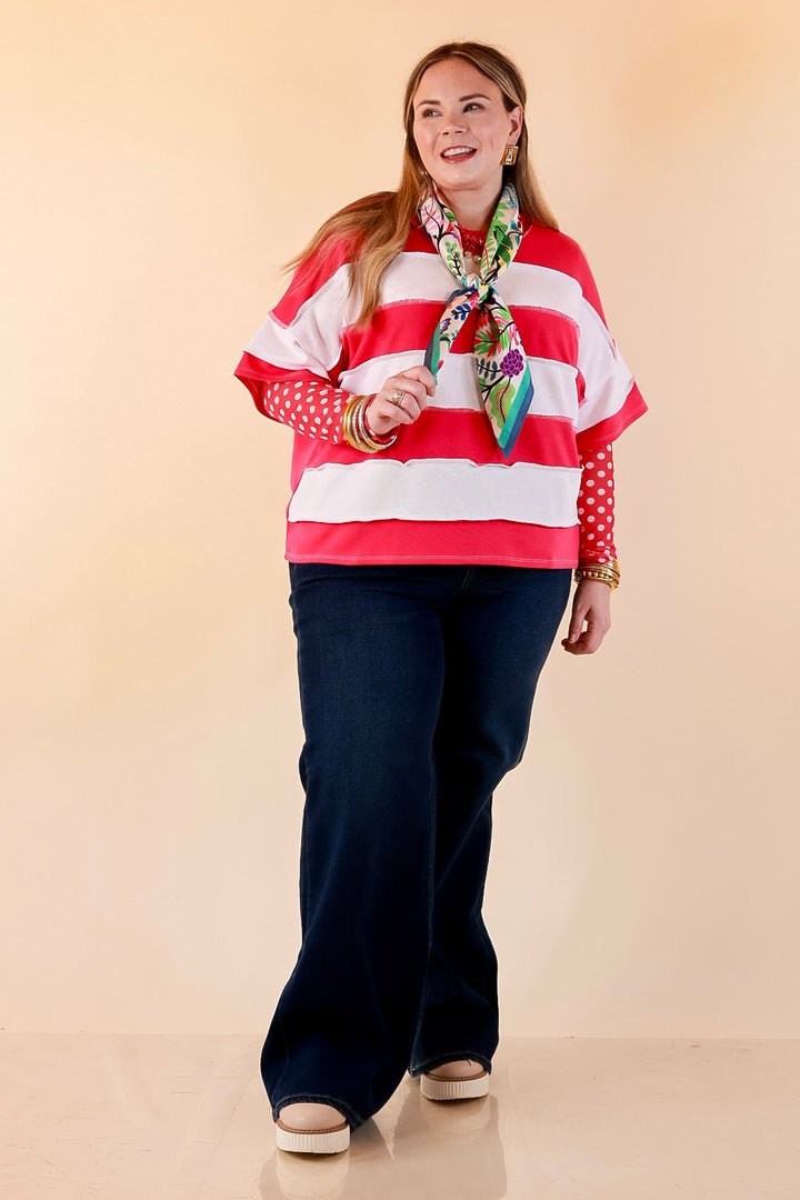 Simply Styled Color Block Rugby Style Relaxed Short Sleeve Top in Hot Pink