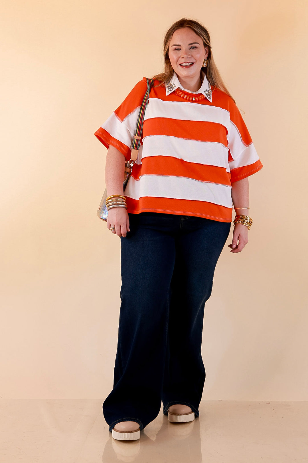 Simply Styled Color Block Rugby Style Relaxed Short Sleeve Top in Orange
