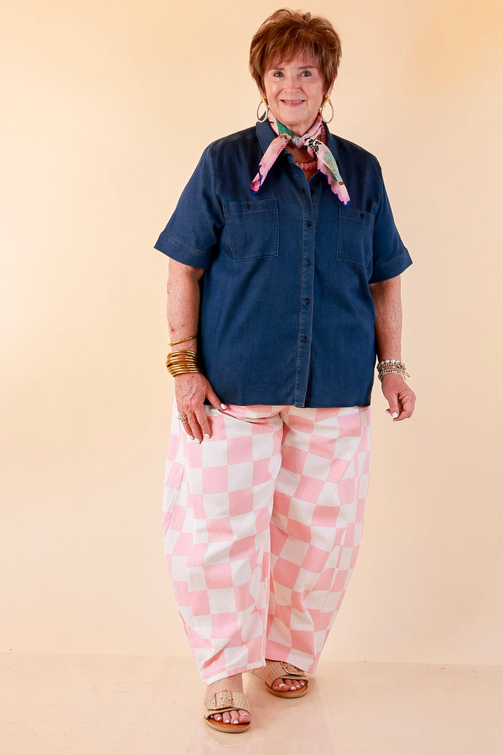 Check Me Out Wide Leg Checkered Print Barrel Denim Jean in Pink