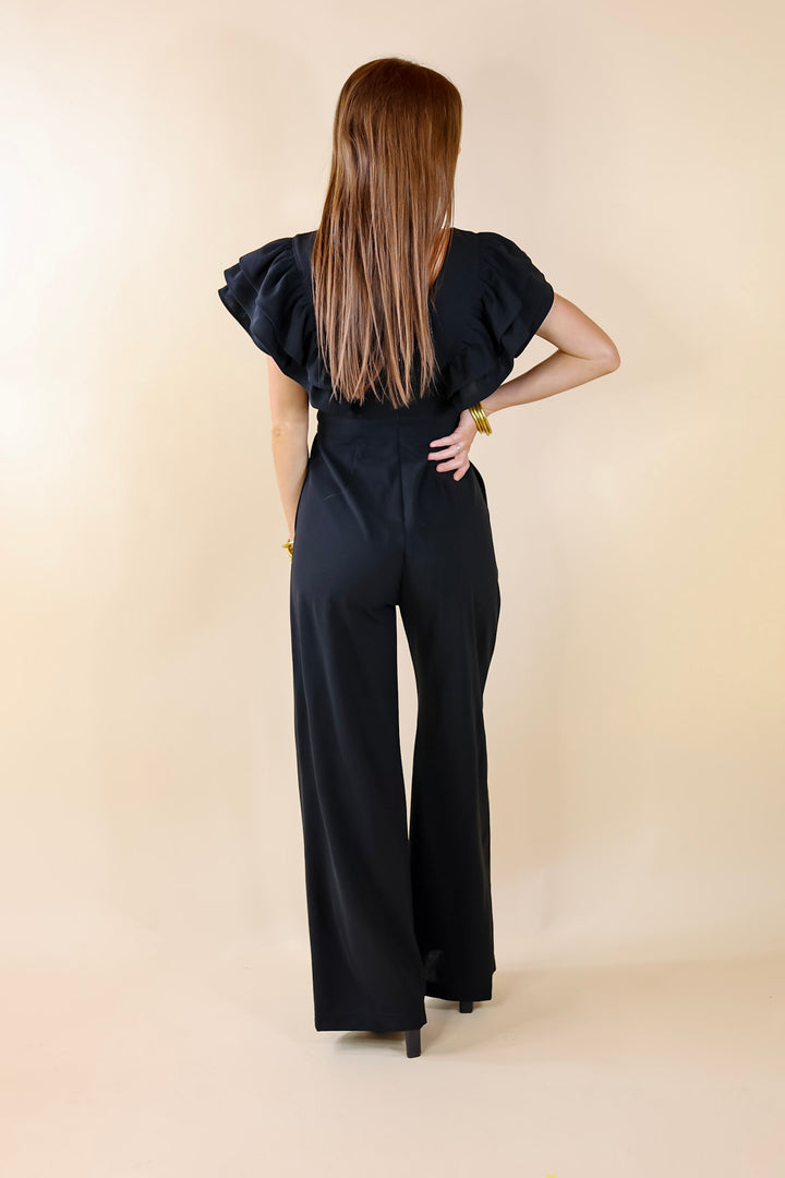 Superstar Style V Neck Jumpsuit with Ruffle Sleeves in Black - Giddy Up Glamour Boutique