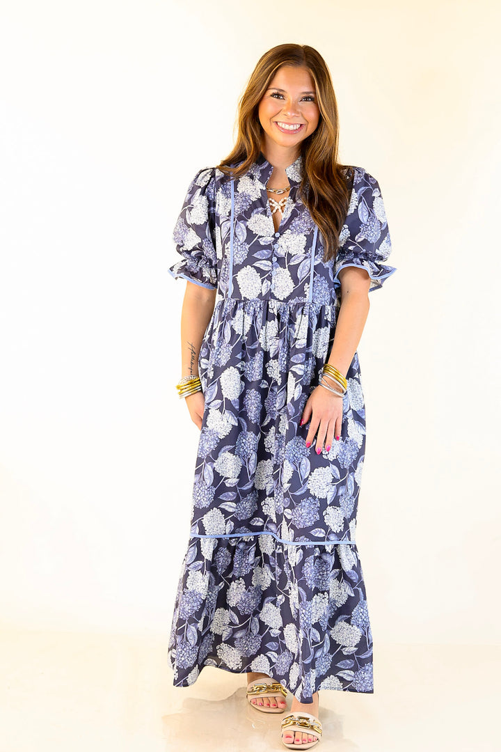 Petals & Poetry Hydrangea Floral Puff Sleeve Tiered Maxi Dress in Navy Blue