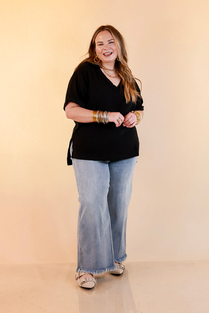 Quite Appropriate Short Sleeve Collared V Neck Linen Top with Rolled Sleeve Detail in Black