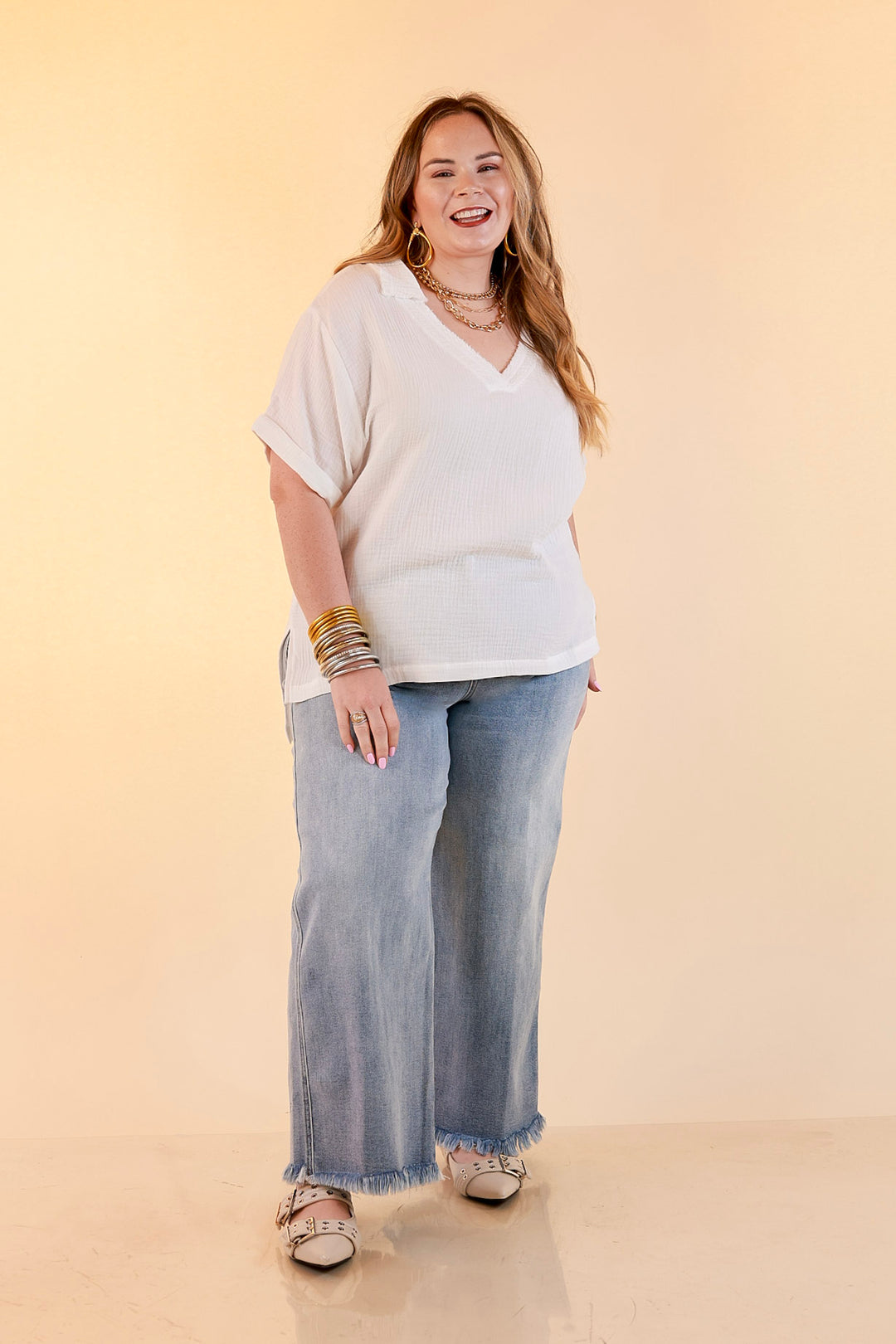 Quite Appropriate Short Sleeve Collared V Neck Linen Top with Rolled Sleeve Detail in White
