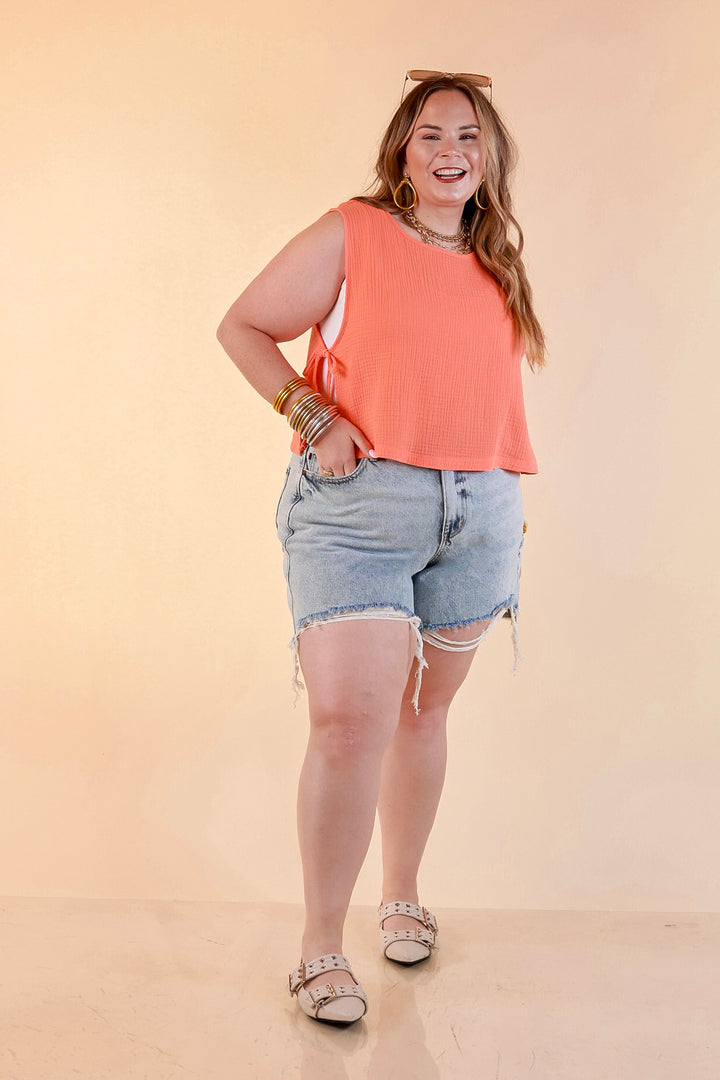 Tie it Together Sleeveless Linen Tank Top with Side Tie Detail in Coral Orange
