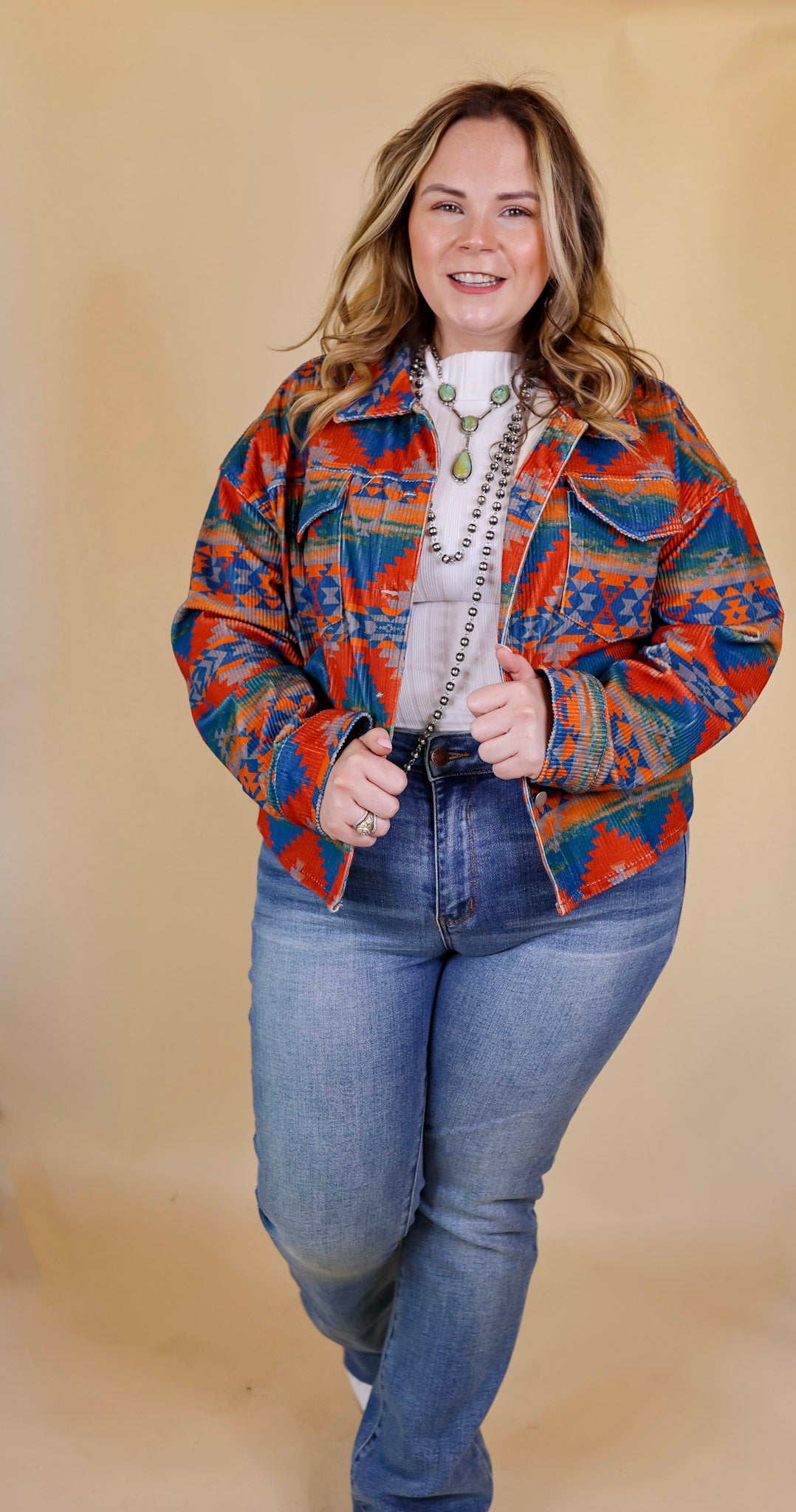 Edgy and Chic Button Up Corduroy Aztec Print Jacket in Red and Blue - Giddy Up Glamour Boutique