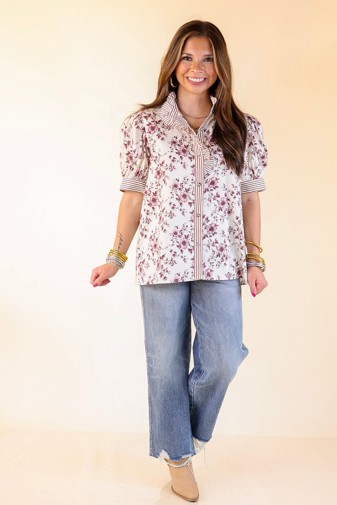 Timeless Beauty Button Up Puff Sleeve Top with Maroon Floral French Toile Print in Cream