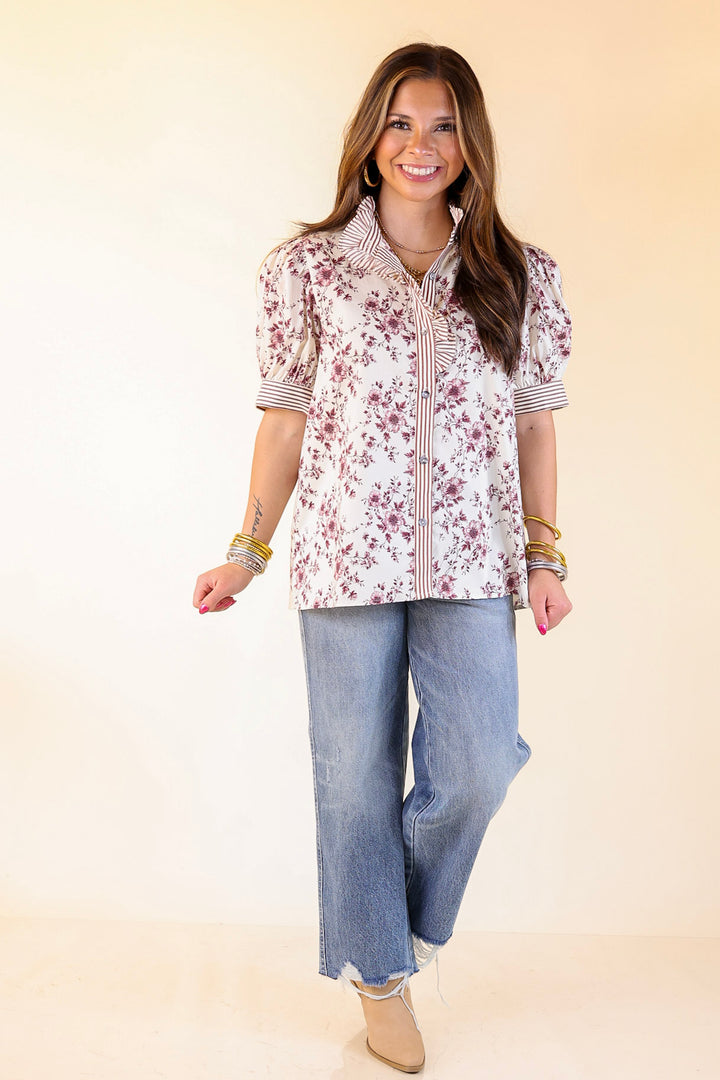 Timeless Beauty Button Up Puff Sleeve Top with Maroon Floral French Toile Print in Cream