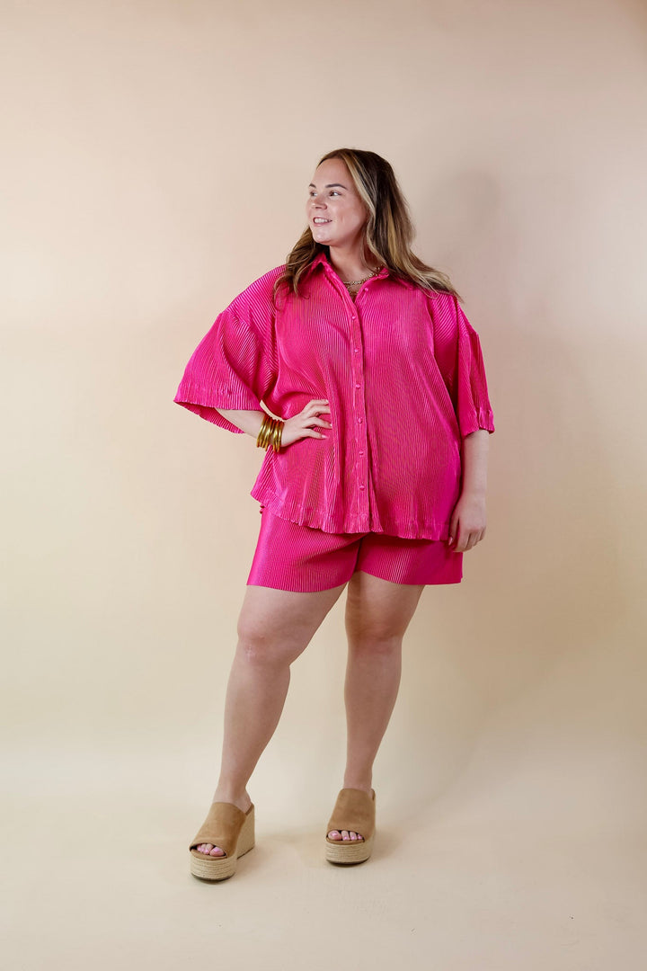 Make Me Dance Plissé Ribbed Button Up Top in Pink - Giddy Up Glamour Boutique