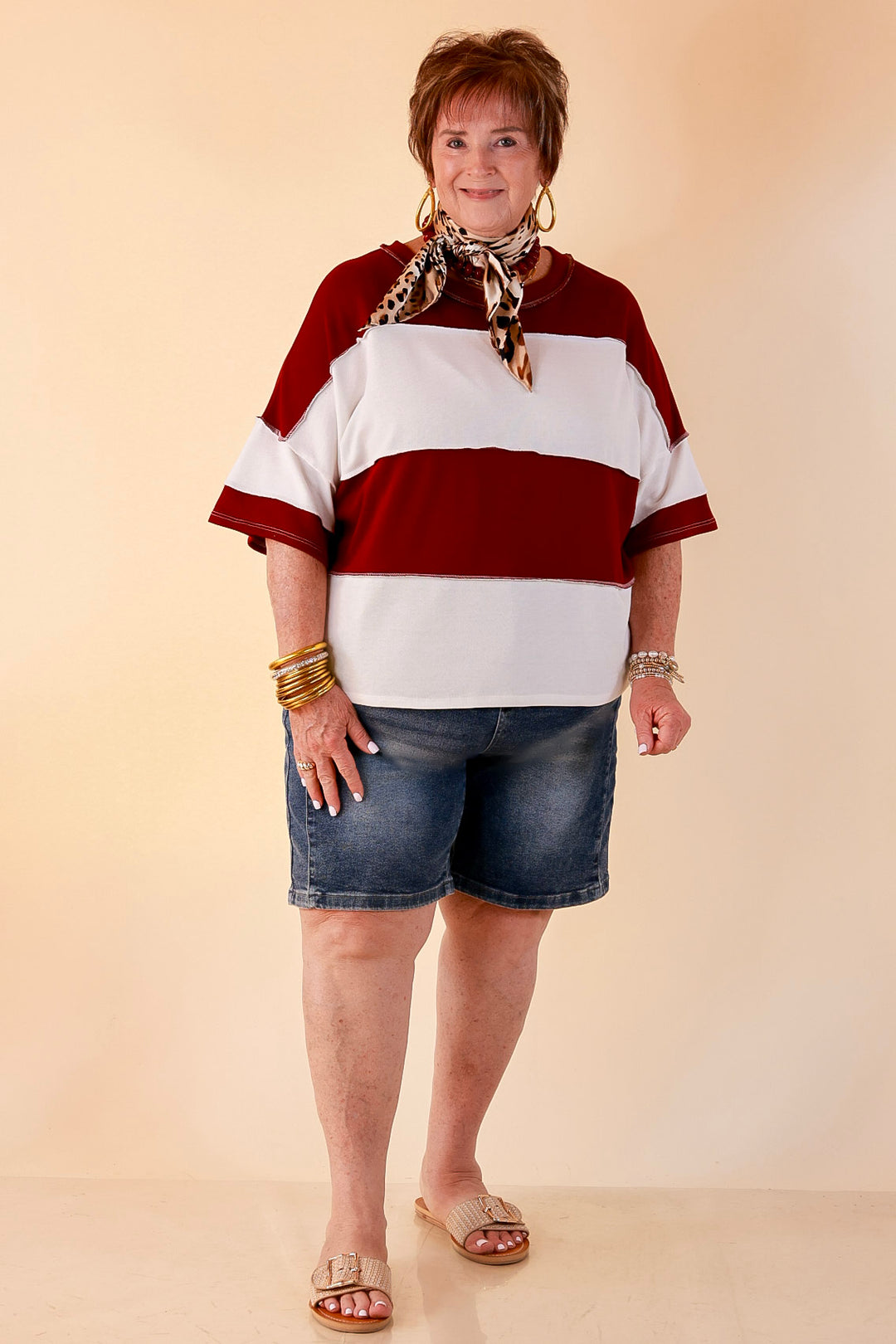 Simply Striking Color Block Rugby Style Wide Stripe Relaxed Short Sleeve Top in Maroon