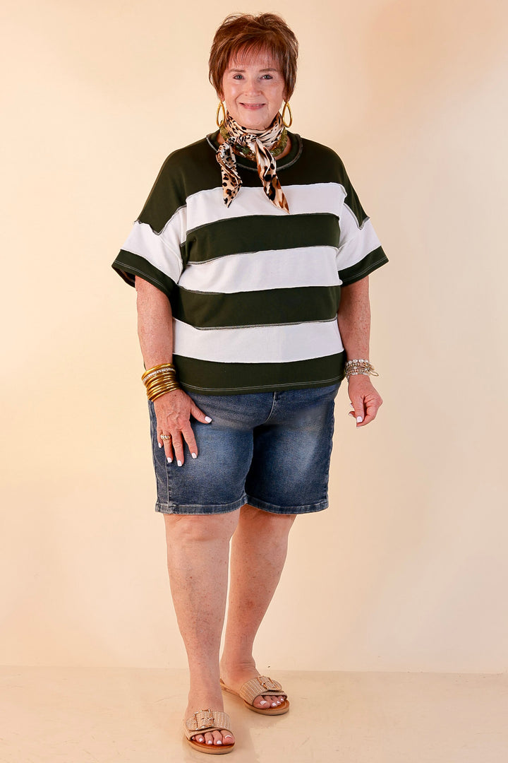 Simply Styled Color Block Rugby Style Relaxed Short Sleeve Top in Olive Green