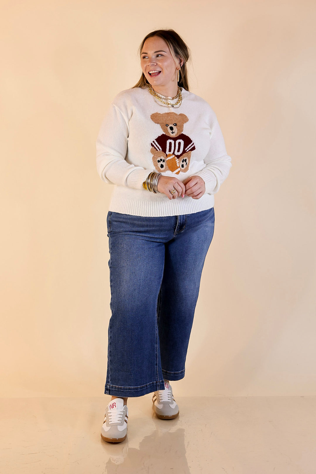 Simply Southern | Finest Touch Crewneck Sweater with Football Teddy Bear Graphic in Cream