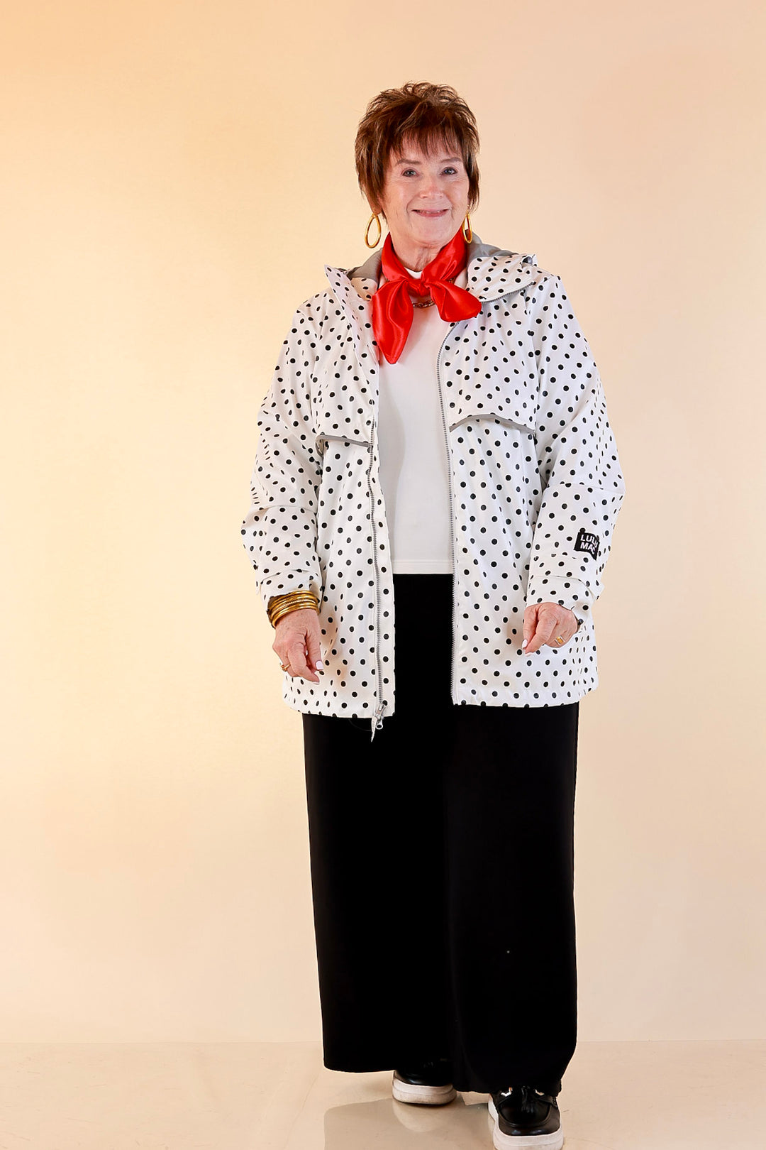 Lulu Mac | Chic Forecast Black Polka Dot Hooded Rain Jacket in Ivory