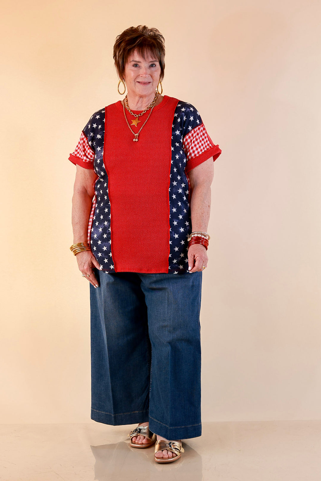 Make Your Mark Ribbed Scoop Neck Mixed Print Short Sleeve Top with Star and Gingham Detailing in Red