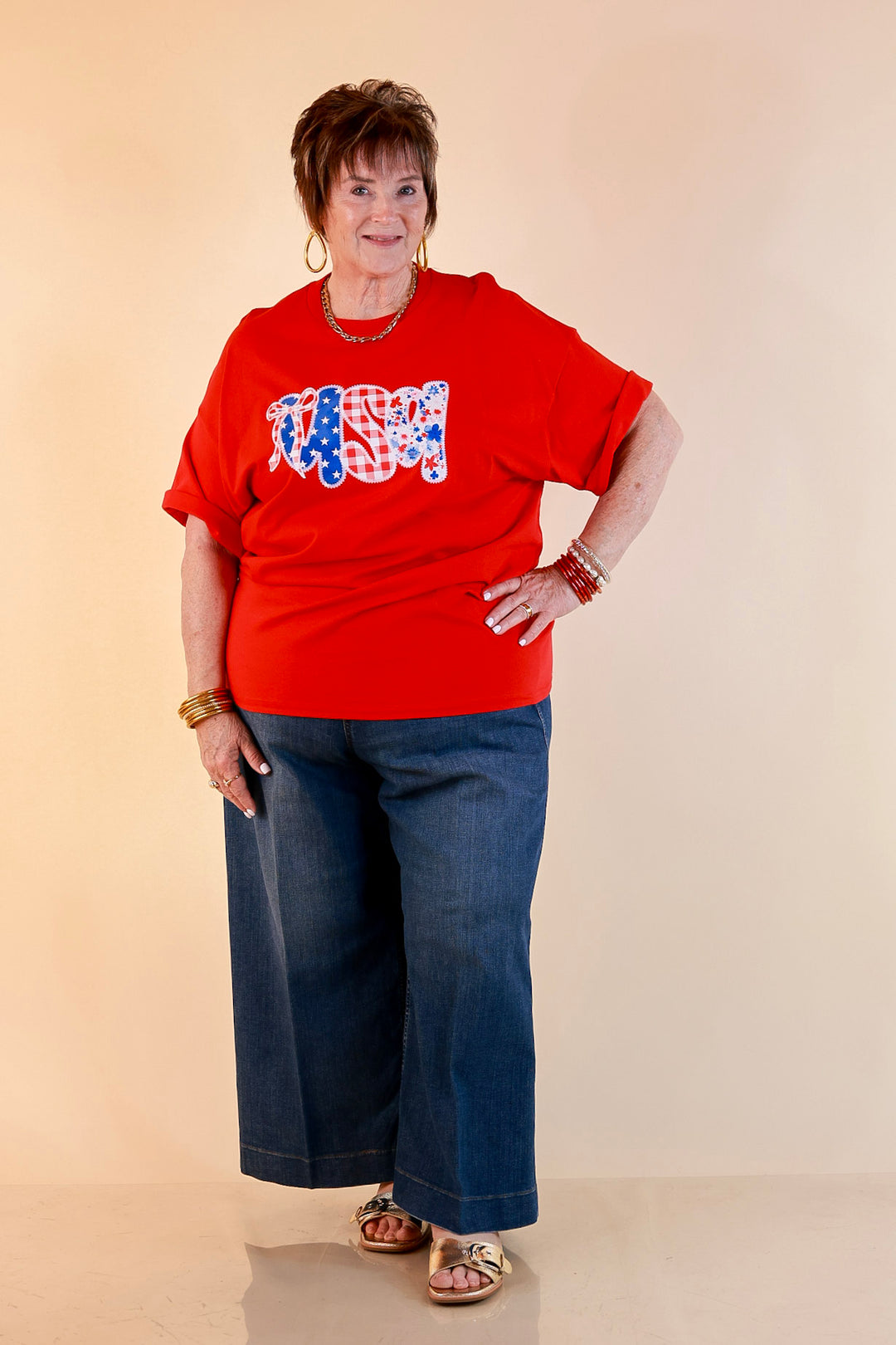Sweet Land of Style USA Coquette Short Sleeve Graphic Tee with Bow Detailing in Red