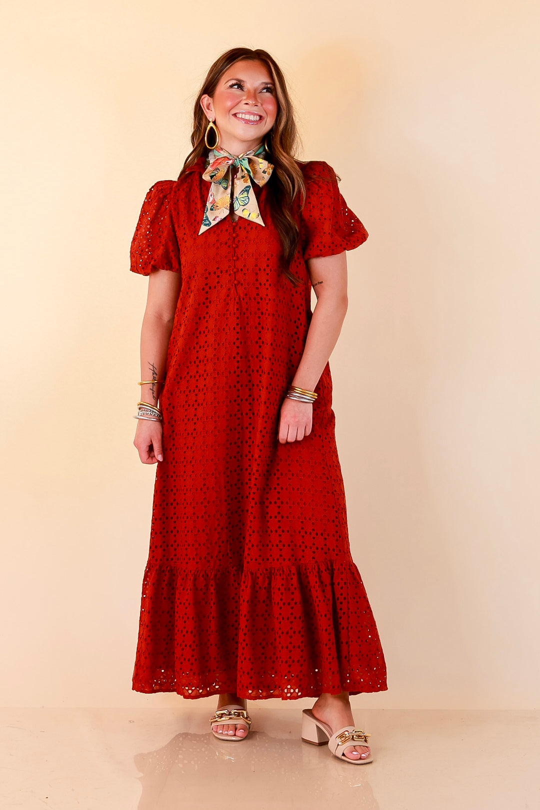 Meet Me at Sunset Eyelet Lace Puff Sleeve Tiered Maxi Dress in Rust Red