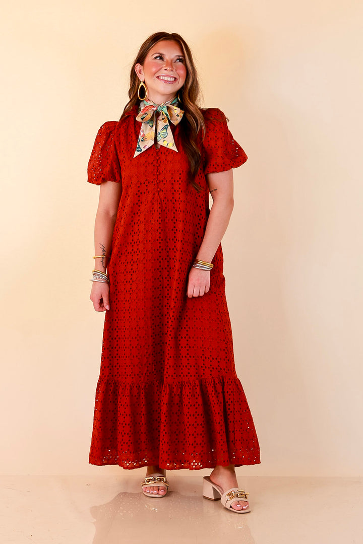 Meet Me at Sunset Eyelet Lace Puff Sleeve Tiered Maxi Dress in Rust Red