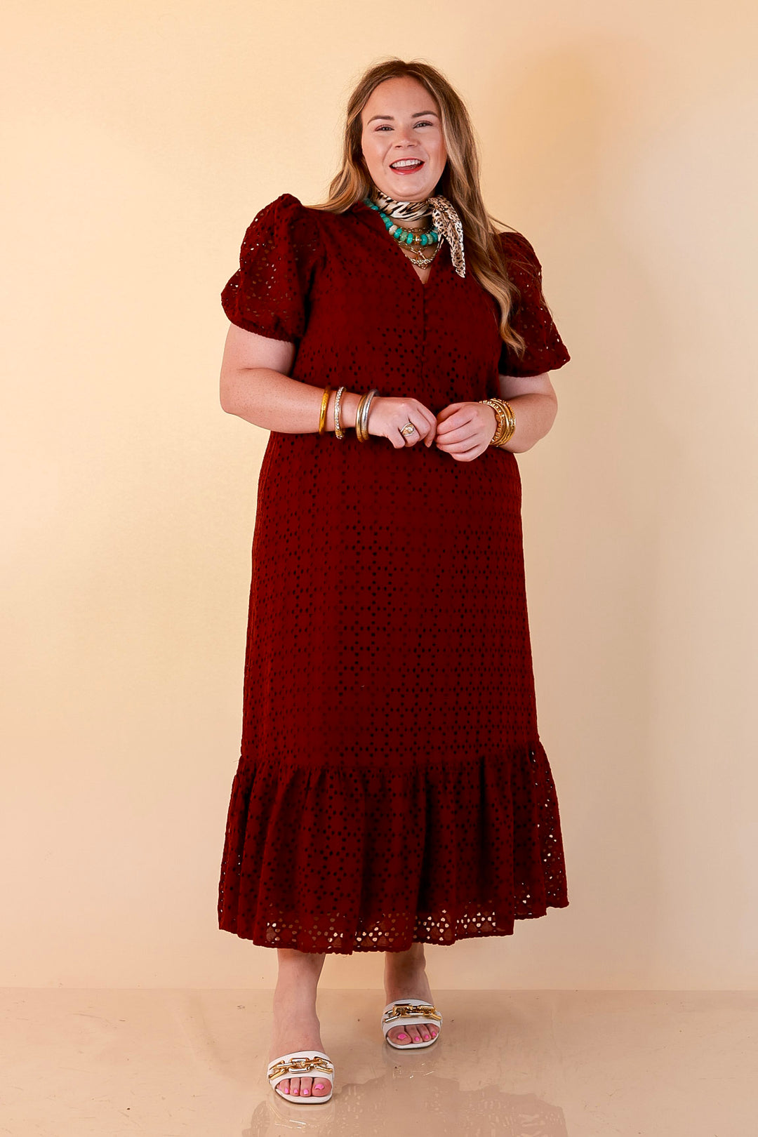 Meet Me at Sunset Eyelet Lace Puff Sleeve Tiered Maxi Dress in Maroon